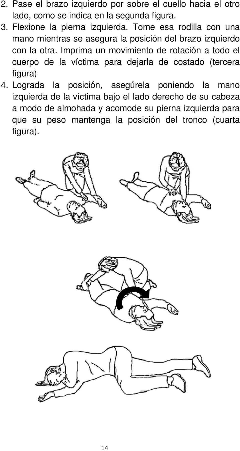 Imprima un movimiento de rotación a todo el cuerpo de la víctima para dejarla de costado (tercera figura) 4.