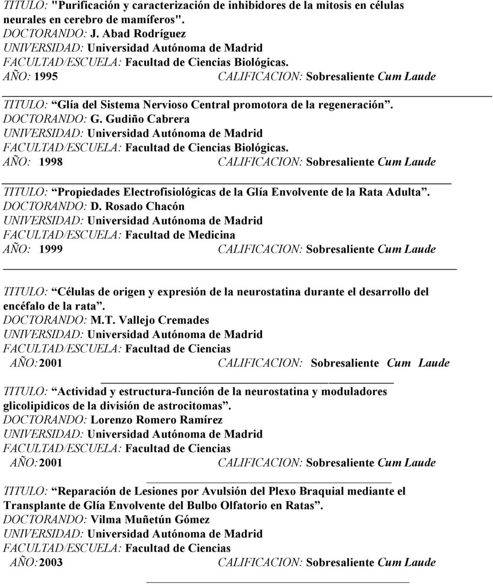 AÑO: 1995 CALIFICACION: Sobresaliente Cum Laude TITULO: Glía del Sistema Nervioso Central promotora de la regeneración. DOCTORANDO: G.