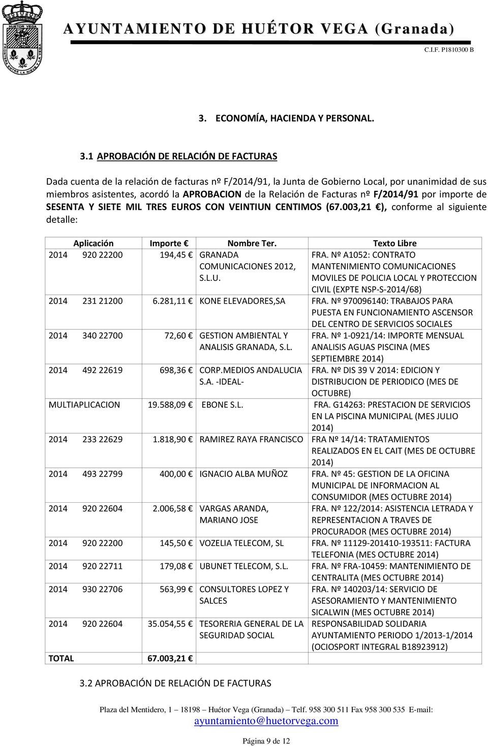 Facturas nº F/2014/91 por importe de SESENTA Y SIETE MIL TRES EUROS CON VEINTIUN CENTIMOS (67.003,21 ), conforme al siguiente detalle: Aplicación Importe Nombre Ter.