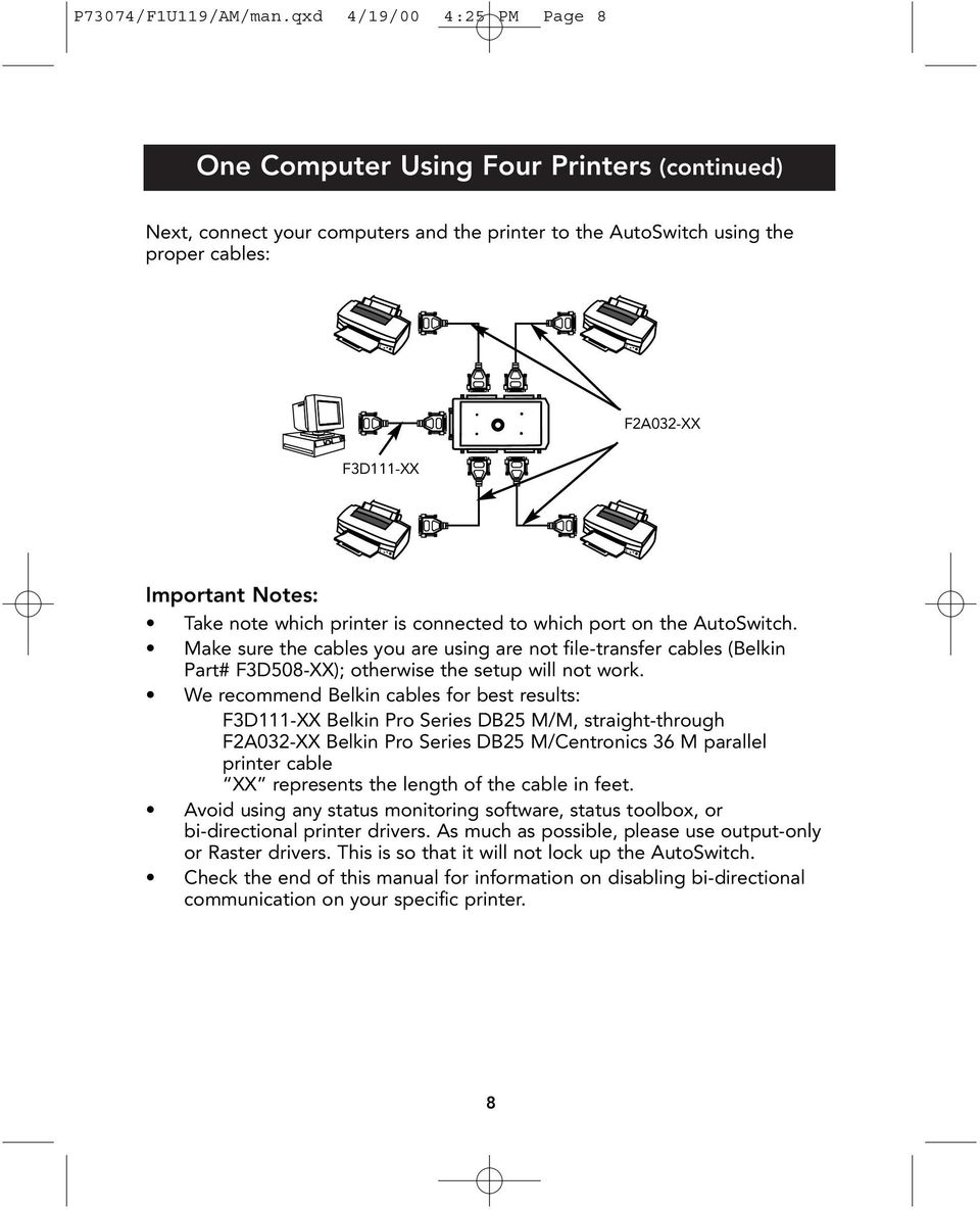 Take note which printer is connected to which port on the AutoSwitch. Make sure the cables you are using are not file-transfer cables (Belkin Part# F3D508-XX); otherwise the setup will not work.