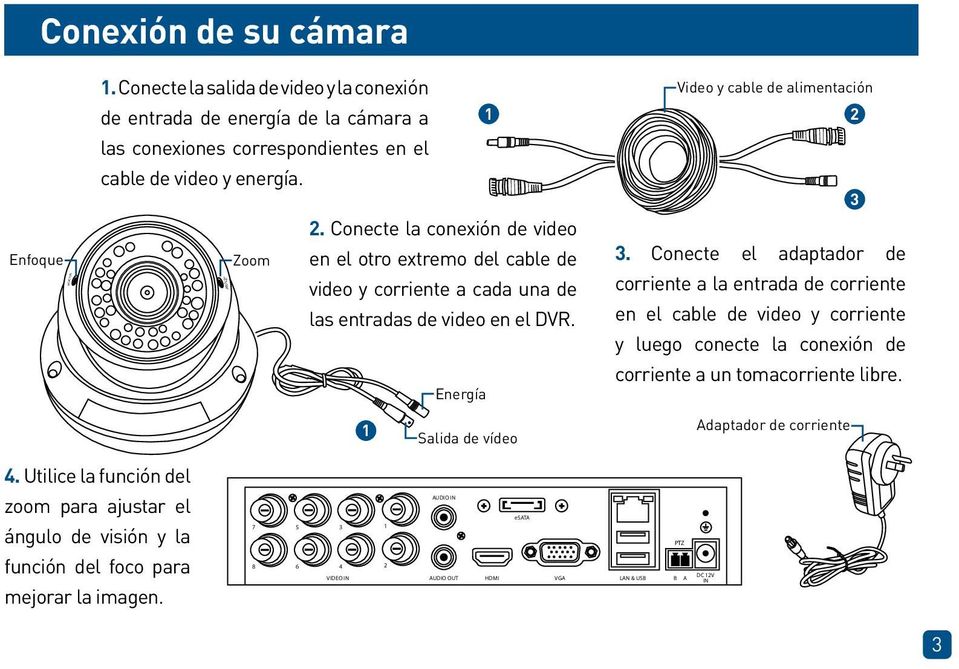 Conecte el adaptador de video y corriente a cada una de las entradas de video en el DVR.