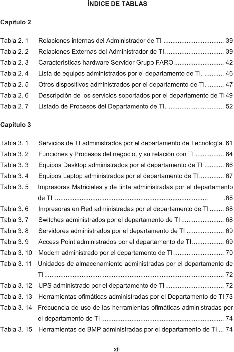 6 Descripción de los servicios soportados por el departamento de TI 49 Tabla 2. 7 Listado de Procesos del Departamento de TI.... 52 Capítulo 3 Tabla 3.