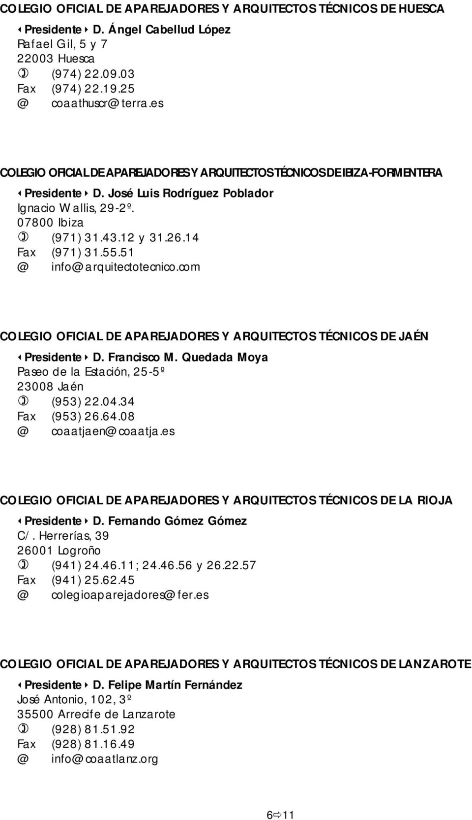 51 @ info@arquitectotecnico.com COLEGIO OFICIAL DE APAREJADORES Y ARQUITECTOS TÉCNICOS DE JAÉN Presidente D. Francisco M. Quedada Moya Paseo de la Estación, 25-5º 23008 Jaén (953) 22.04.