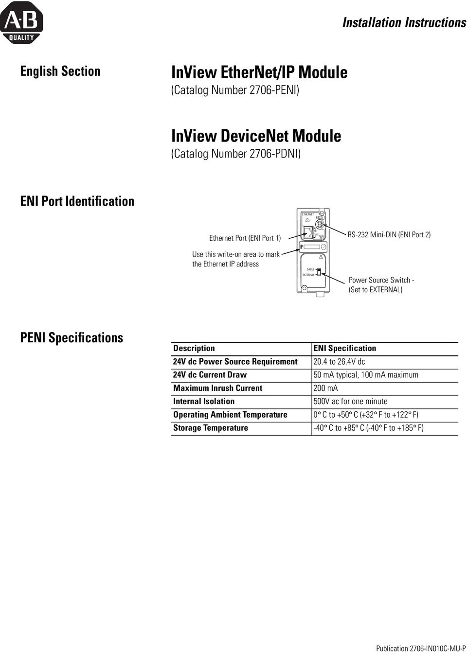 EXTERNAL) PENI Specifications Description ENI Specification 24V dc Power Source Requirement 20.4 to 26.
