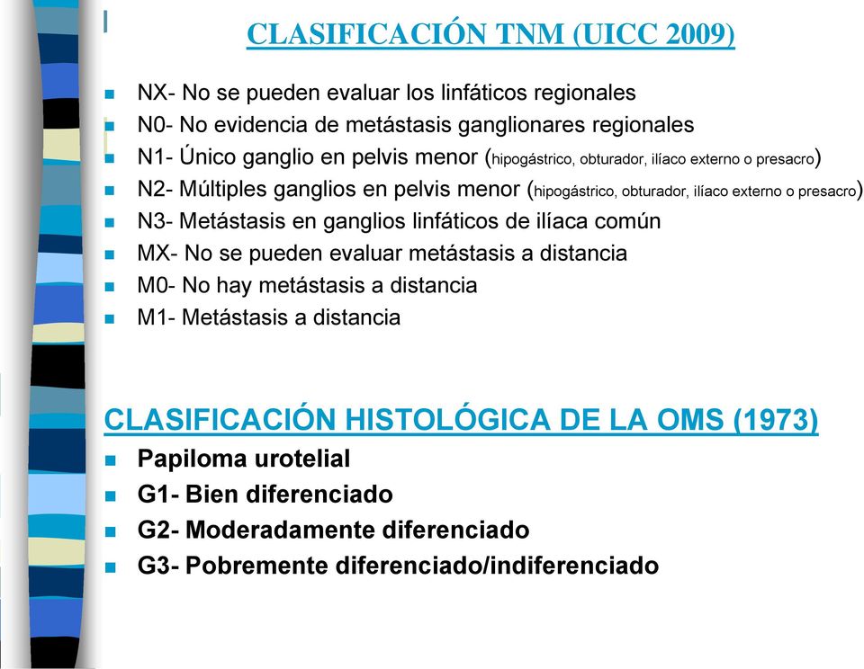 N3- Metástasis en ganglios linfáticos de ilíaca común MX- No se pueden evaluar metástasis a distancia M0- No hay metástasis a distancia M1- Metástasis a