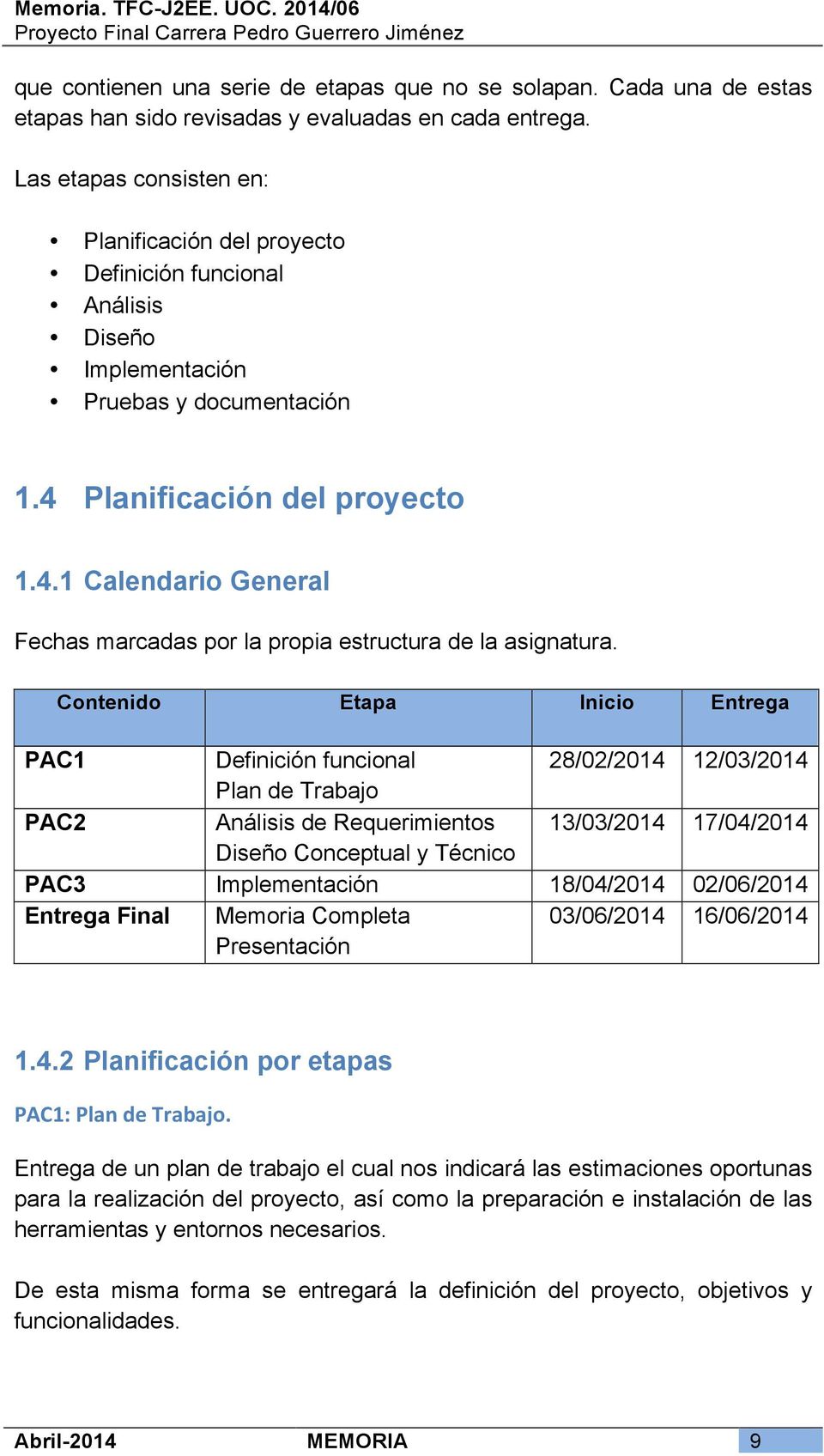 Planificación del proyecto 1.4.1 Calendario General Fechas marcadas por la propia estructura de la asignatura.