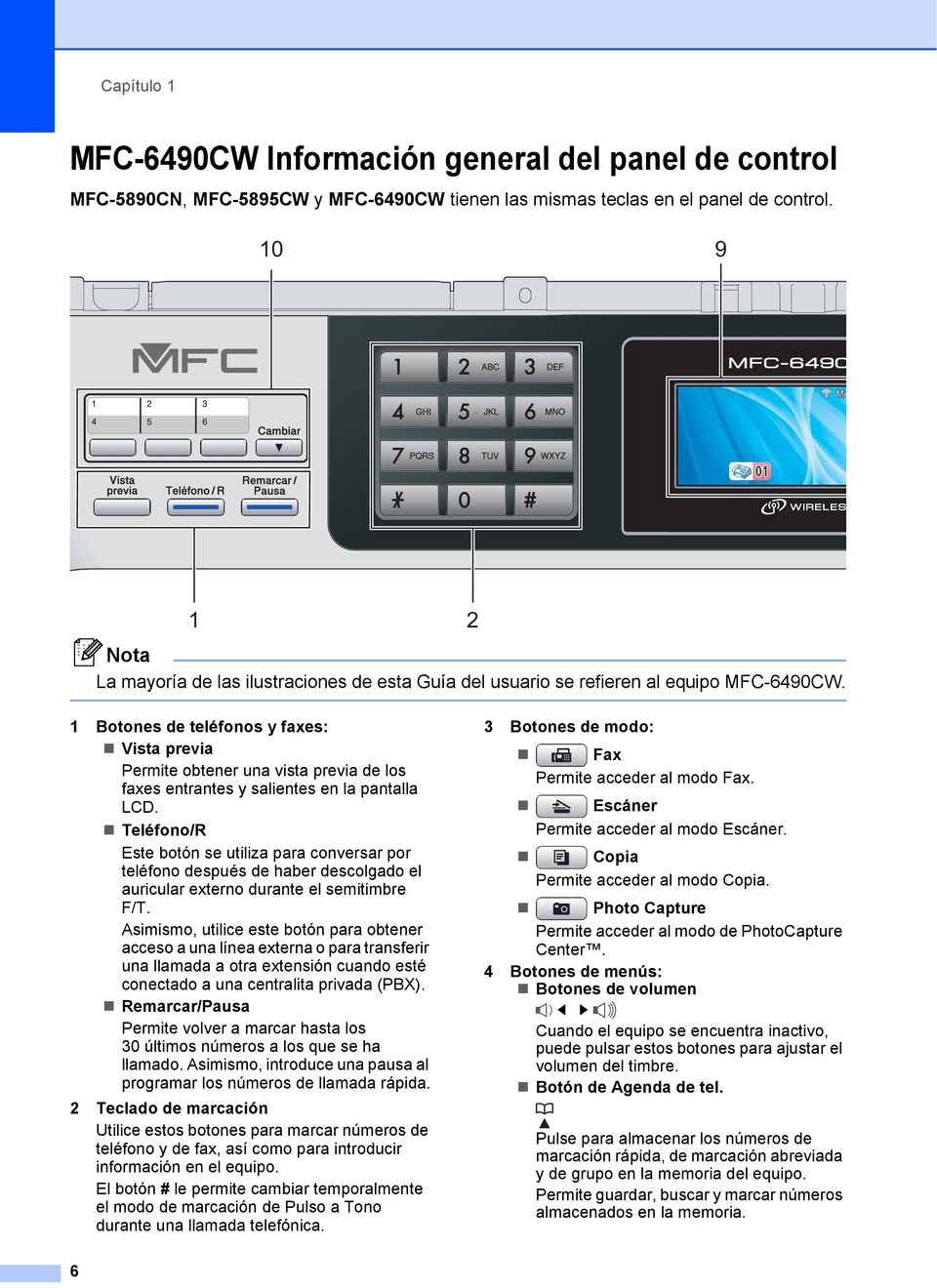 1 Botones de teléfonos y faxes: Vista previa Permite obtener una vista previa de los faxes entrantes y salientes en la pantalla LCD.
