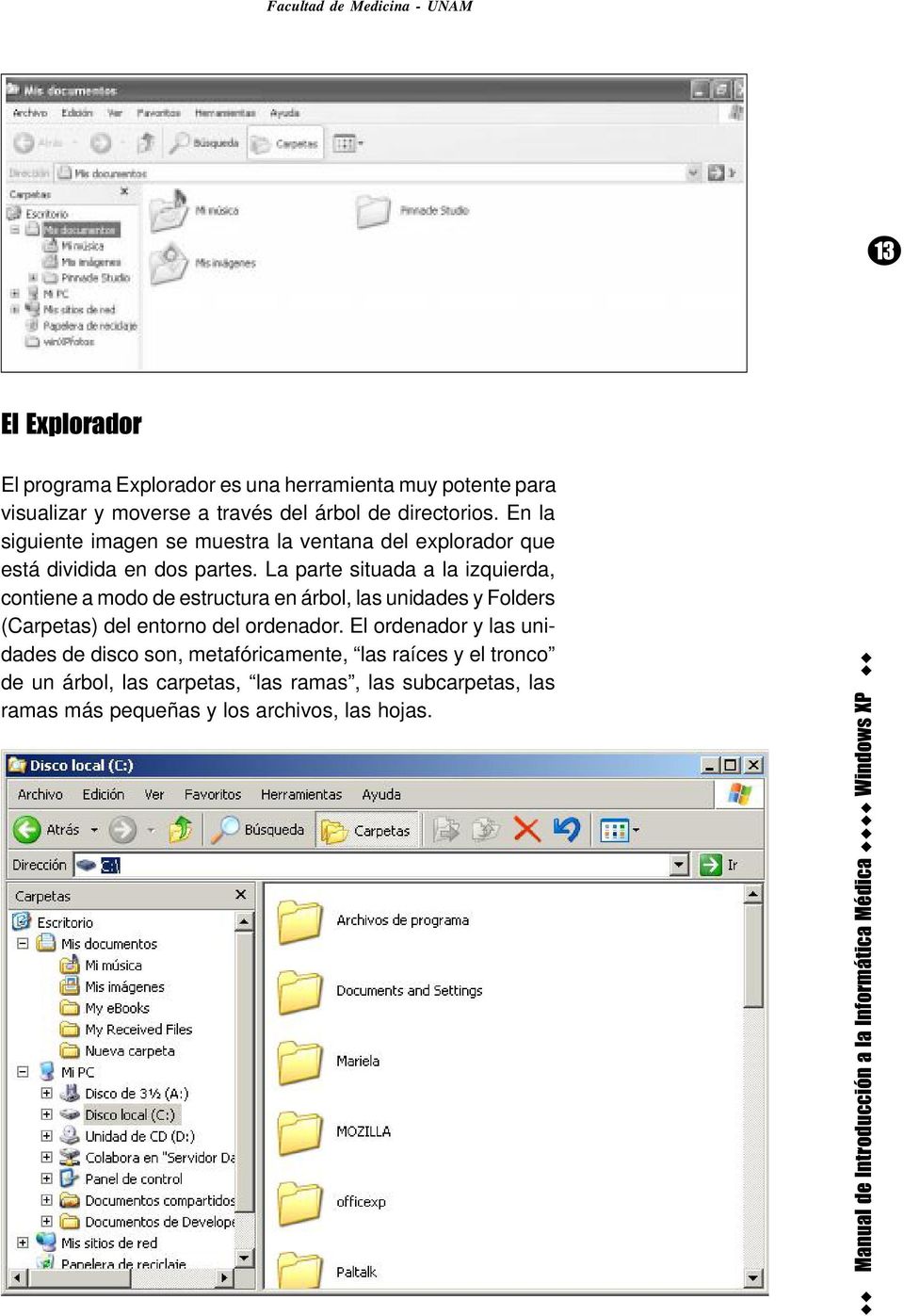 La parte situada a la izquierda, contiene a modo de estructura en árbol, las unidades y Folders (Carpetas) del entorno del ordenador.