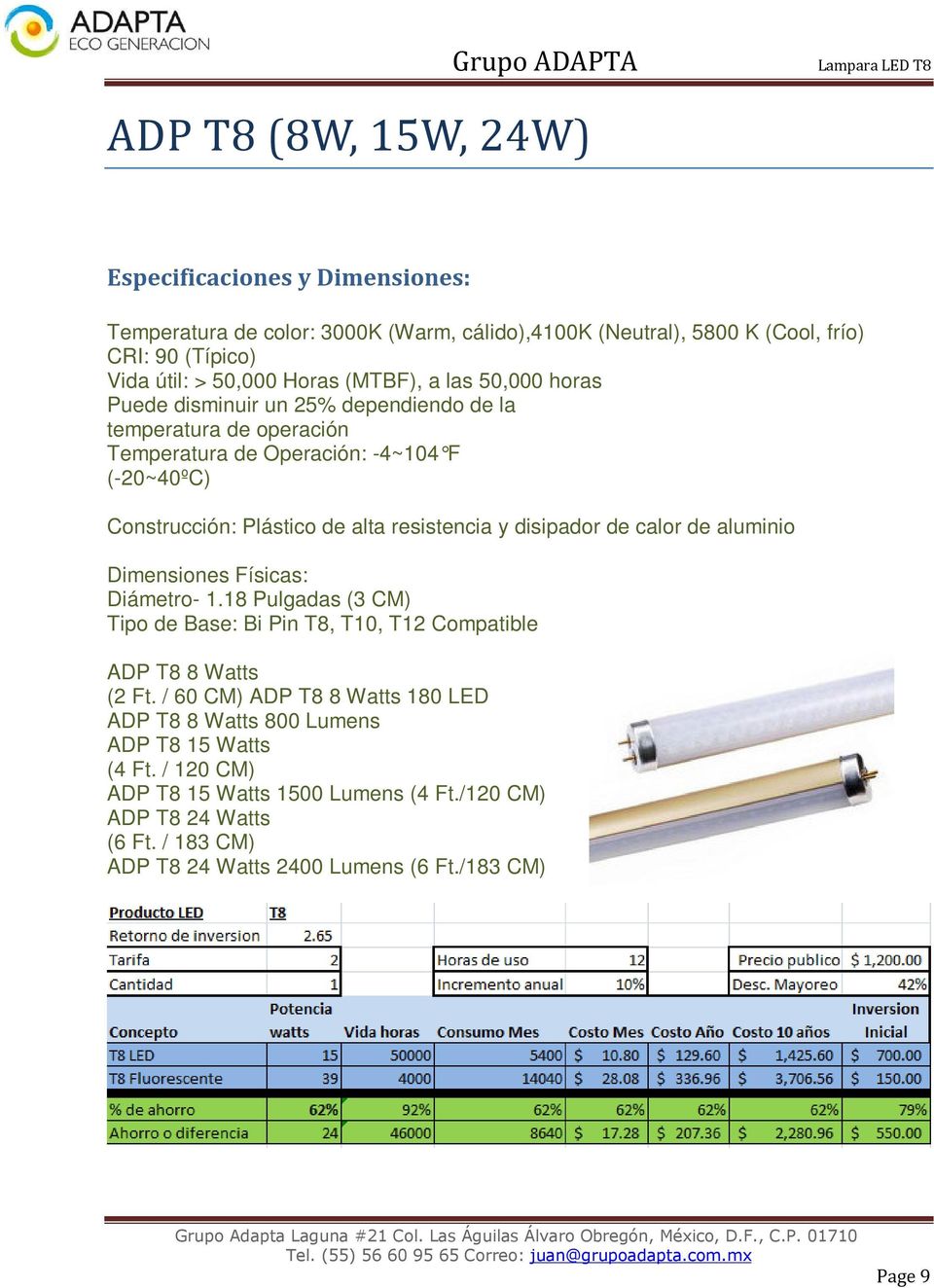 alta resistencia y disipador de calor de aluminio Dimensiones Físicas: Diámetro- 1.18 Pulgadas (3 CM) Tipo de Base: Bi Pin T8, T10, T12 Compatible ADP T8 8 Watts (2 Ft.