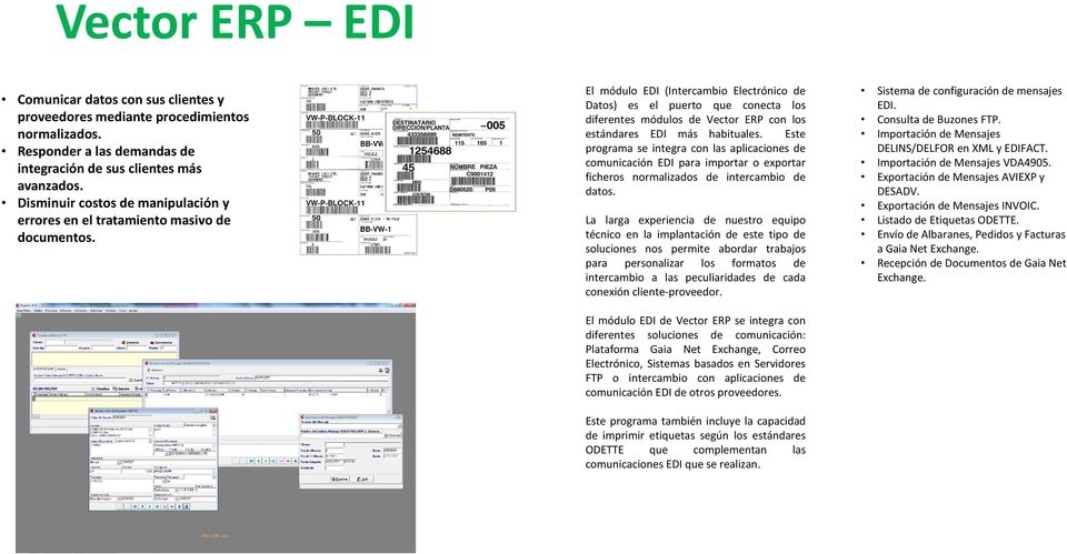 El módulo EDI (Intercambio Electrónico de Datos) es el puerto que conecta los diferentes módulos de Vector ERP con los estándares EDI más habituales.