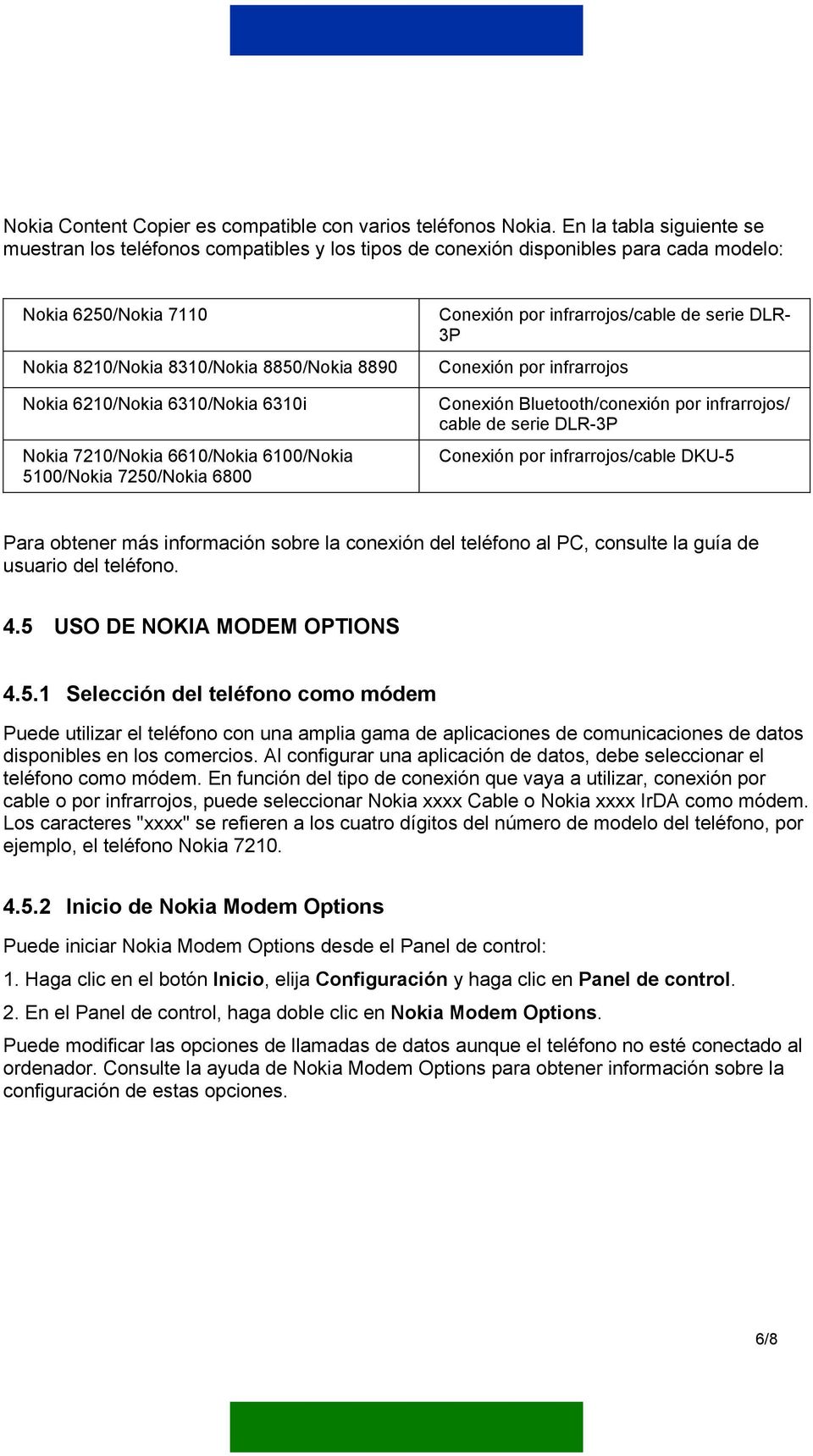 6310/Nokia 6310i Nokia 7210/Nokia 6610/Nokia 6100/Nokia 5100/Nokia 7250/Nokia 6800 Conexión por infrarrojos/cable de serie DLR- 3P Conexión por infrarrojos Conexión Bluetooth/conexión por