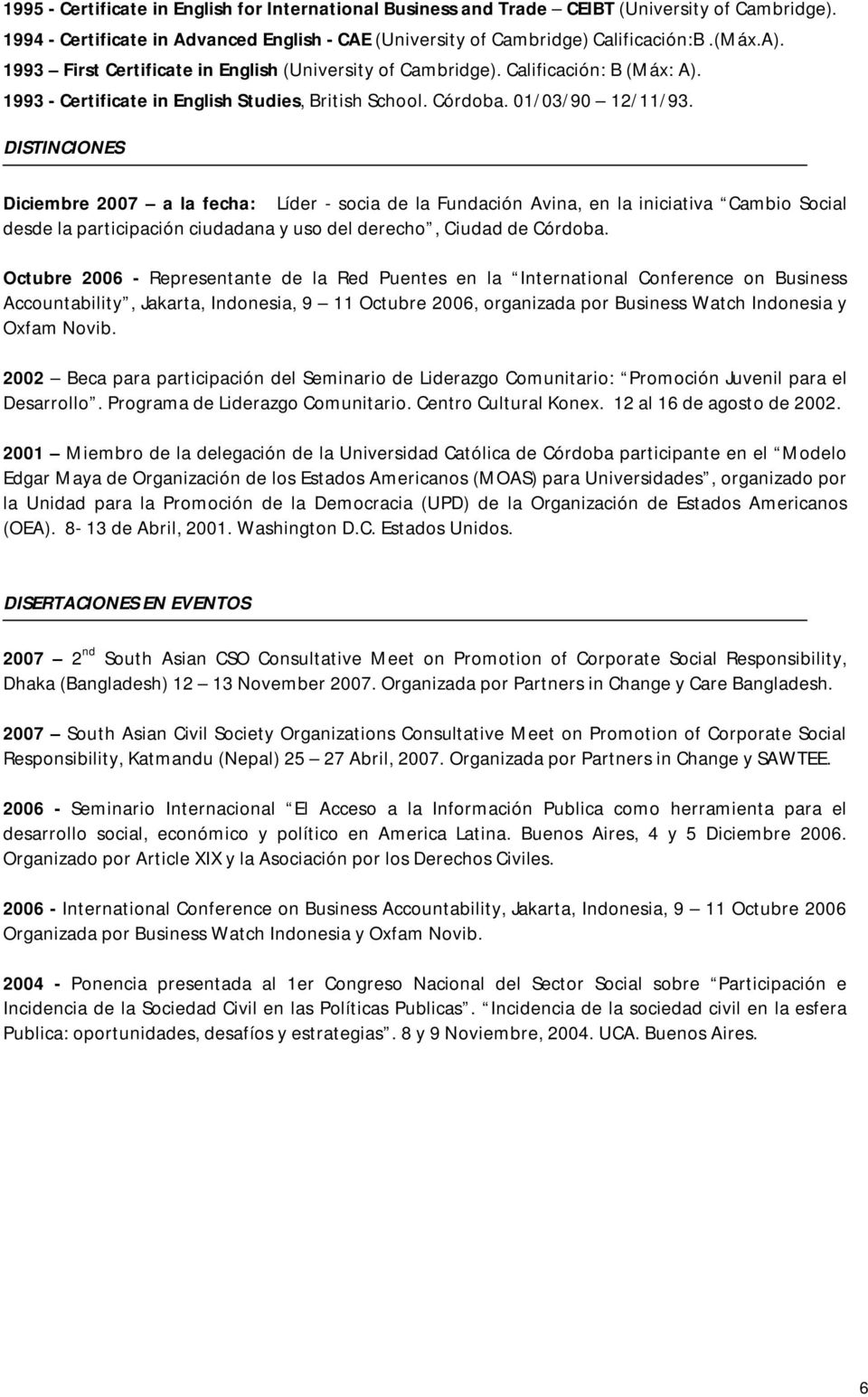 DISTINCIONES Diciembre 2007 a la fecha: Líder - socia de la Fundación Avina, en la iniciativa Cambio Social desde la participación ciudadana y uso del derecho, Ciudad de Córdoba.