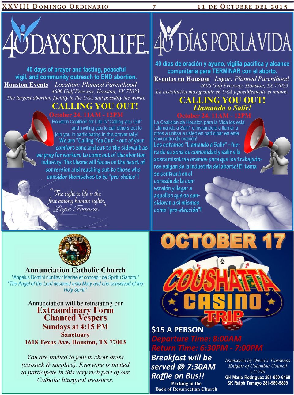 October 24, 11AM - 12PM Houston Coalition for Life is "Calling you Out" and inviting you to call others out to join you in participating in this prayer rally!