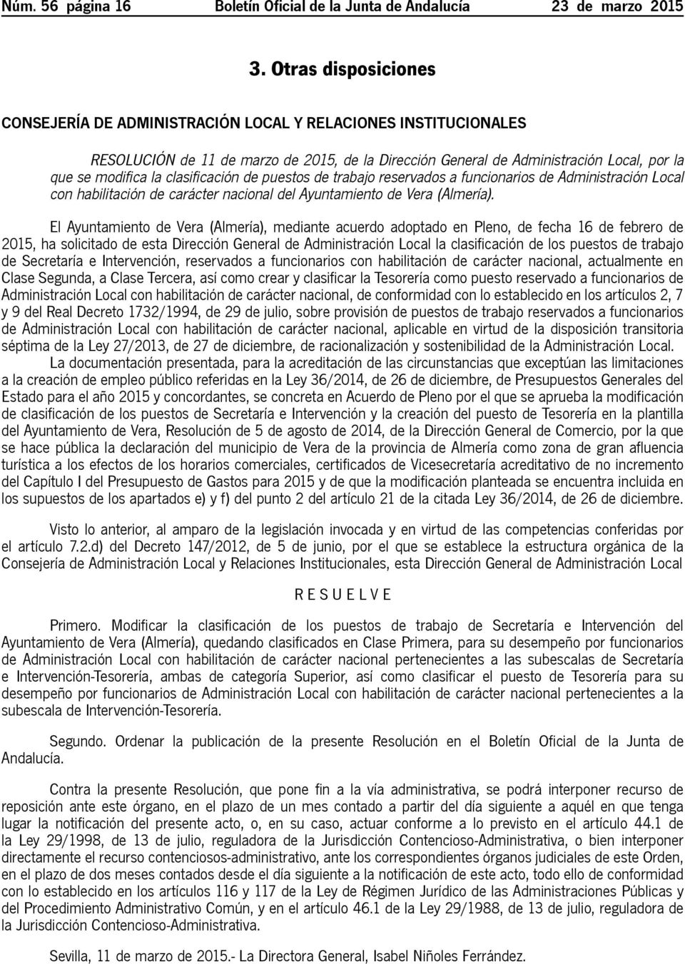 clasificación de puestos de trabajo reservados a funcionarios de Administración Local con habilitación de carácter nacional del Ayuntamiento de Vera (Almería).