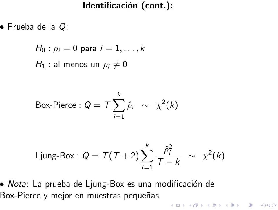 Ljung-Box : Q = T (T + 2) k i=1 ˆρ 2 i T k χ 2 (k) Nota: La prueba