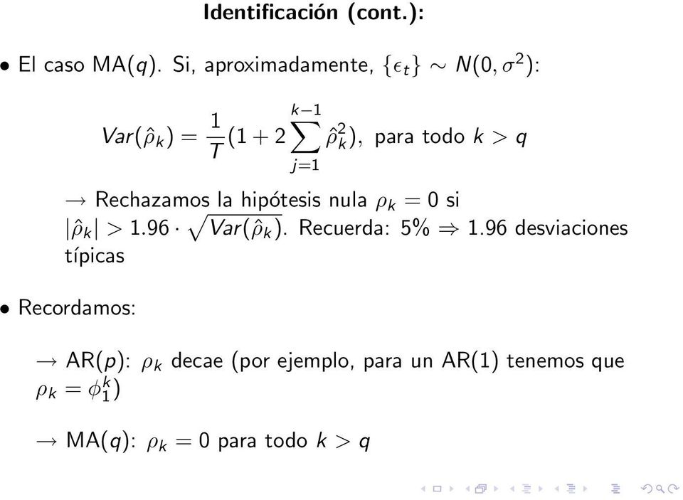 todo k > q Rechazamos la hipótesis nula ρ k = 0 si ˆρ k > 1.96 Var(ˆρ k ).