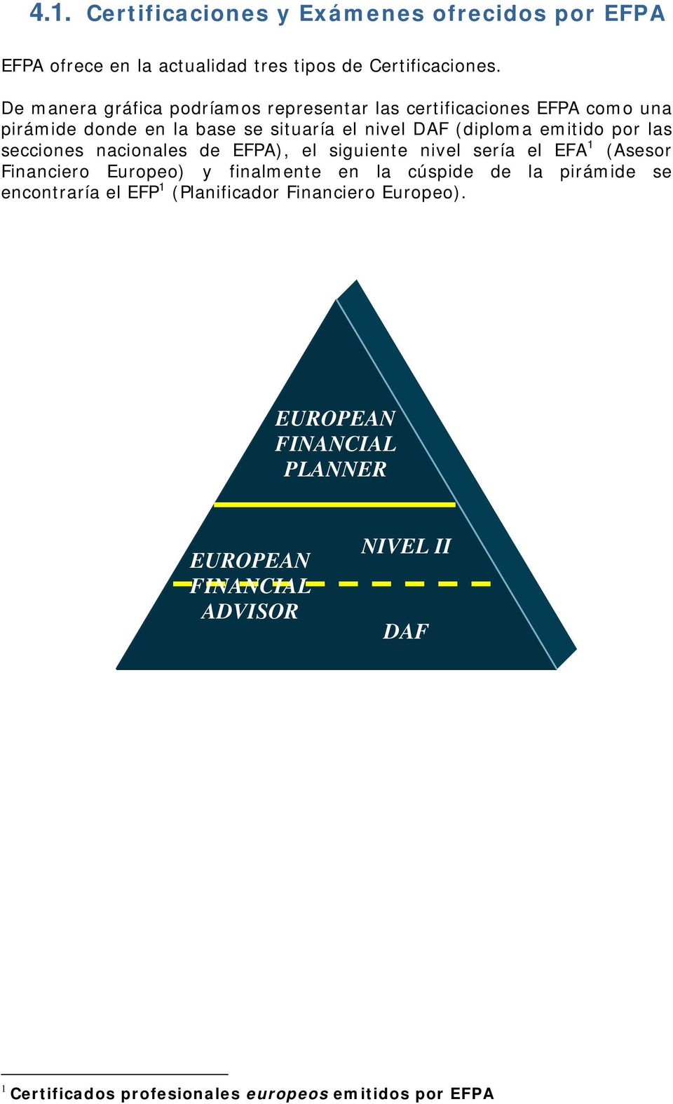 por las secciones nacionales de EFPA), el siguiente nivel sería el EFA 1 (Asesor Financiero Europeo) y finalmente en la cúspide de la