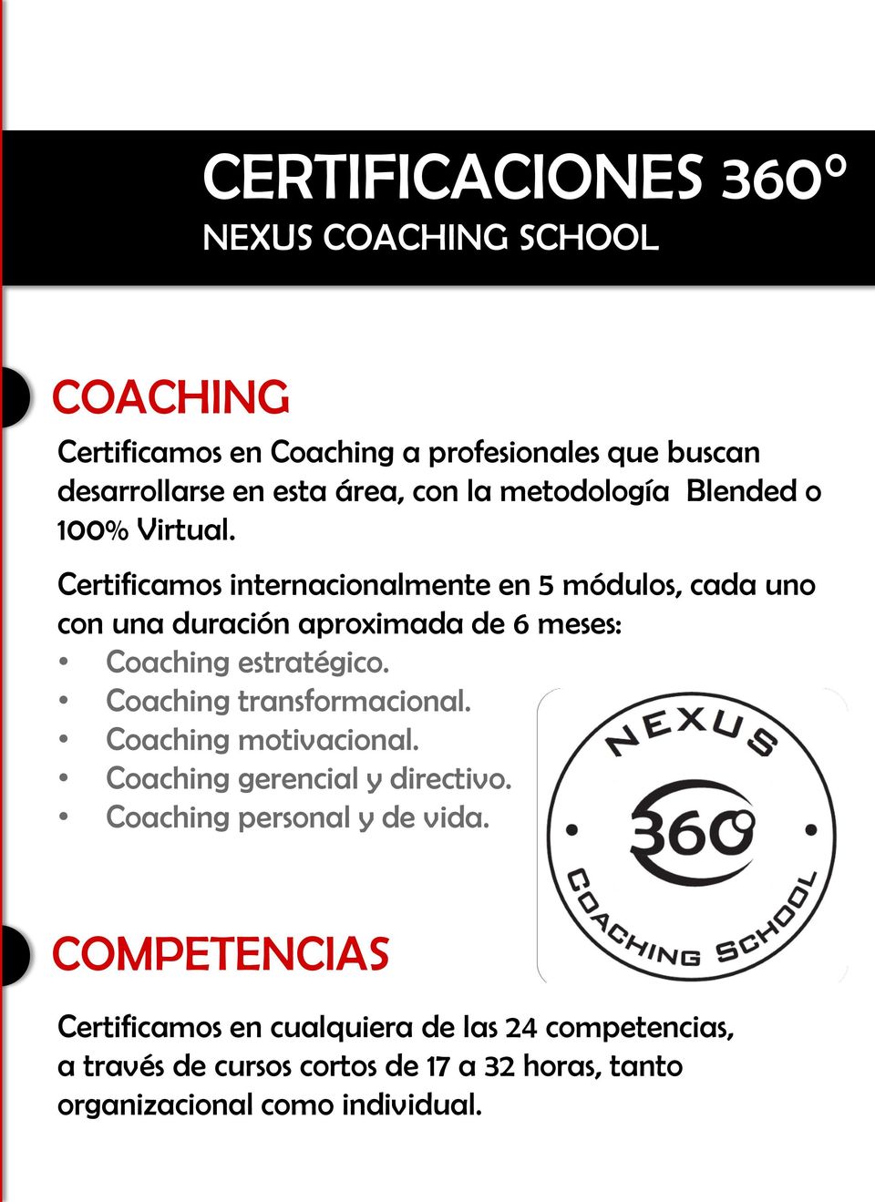 Certificamos internacionalmente en 5 módulos, cada uno con una duración aproximada de 6 meses: Coaching estratégico.