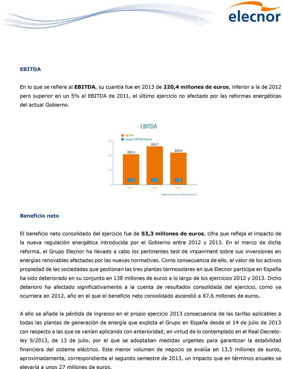 Beneficio neto El beneficio neto consolidado del ejercicio fue de 53,3 millones de euros, cifra que refleja el impacto de la nueva regulación energética introducida por el Gobierno entre 2012 y 2013.