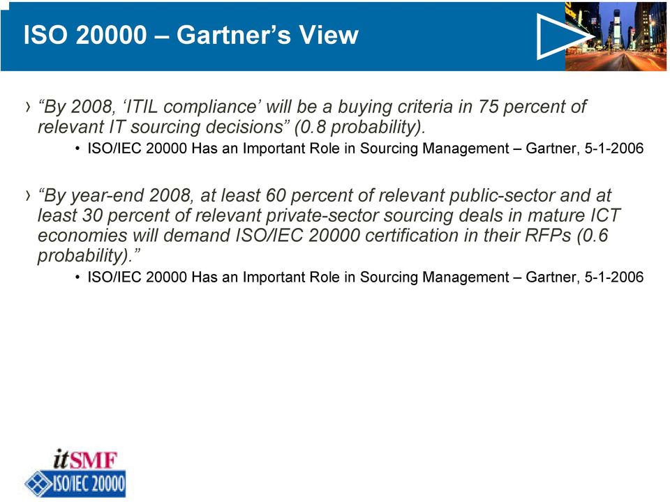 ISO/IEC 20000 Has an Important Role in Sourcing Management Gartner, 5-1-2006 By year-end 2008, at least 60 percent of relevant