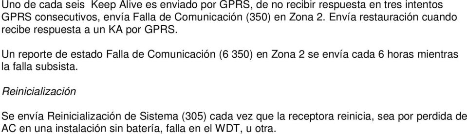 Un reporte de estado Falla de Comunicación (6 350) en Zona 2 se envía cada 6 horas mientras la falla subsista.