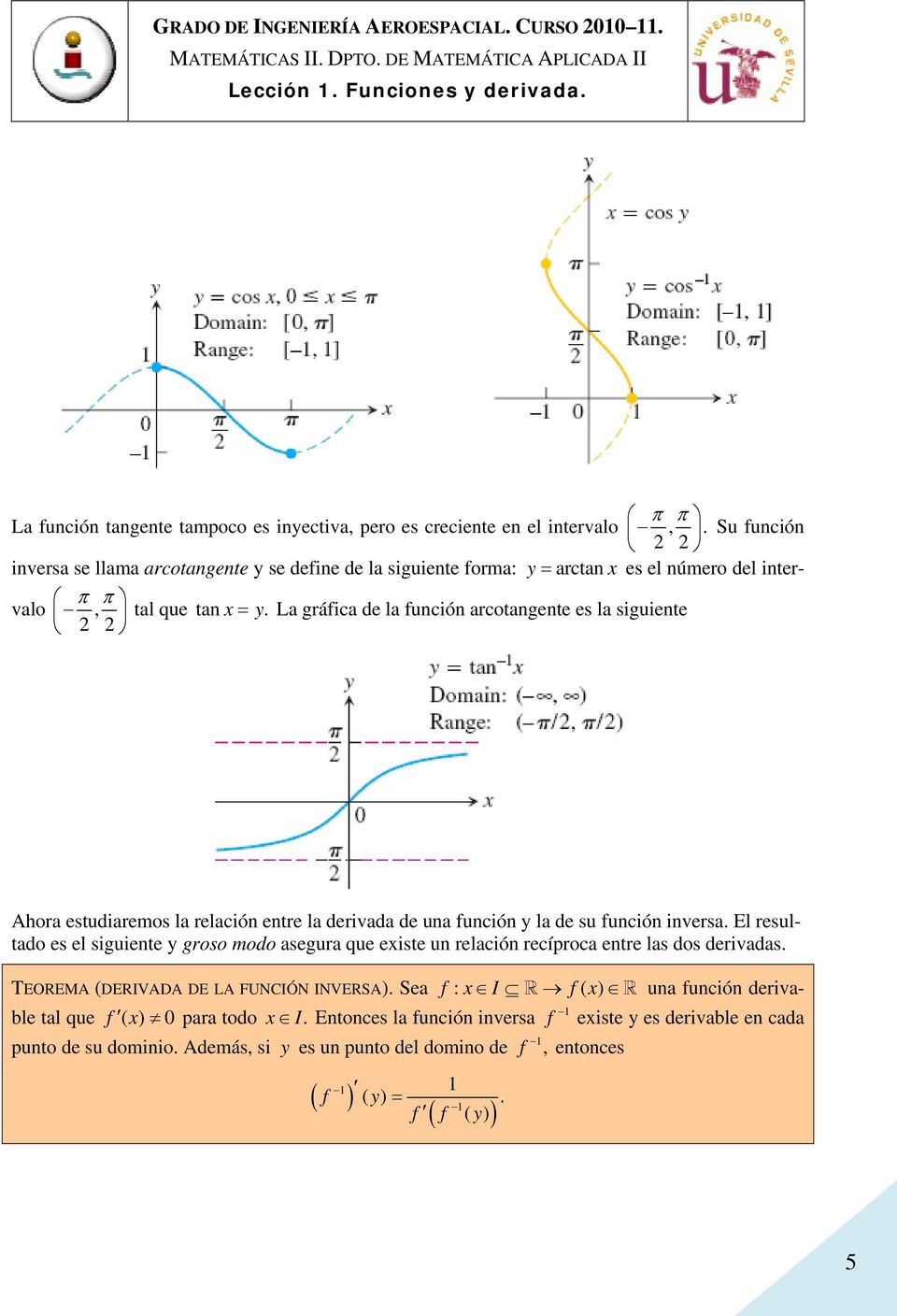 = La gráfica de la función arcotangente es la siguiente Ahora estudiaremos la relación entre la derivada de una función la de su función inversa.
