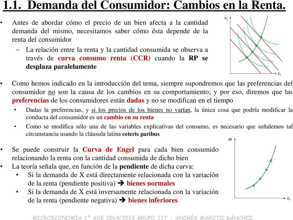 observa a través de curva consumo renta (CCR) cuando la RP se desplaza paralelamente Como hemos indicado en la introducción del tema, siempre supondremos que las preferencias del consumidor no son la