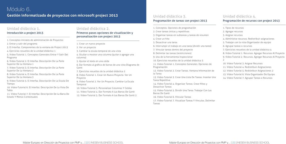 Tipos de recursos Introducción a project 2013 Primeros pasos opciones de visualización y personalización con project 2013 2. Crear tareas únicas y repetitivas 2. Agregar recursos 3.