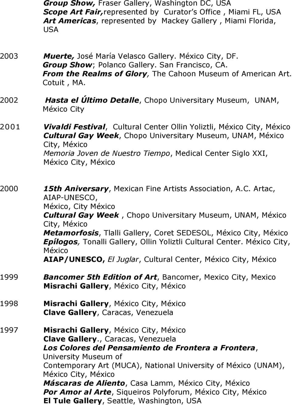 2002 Hasta el Último Detalle, Chopo Universitary Museum, UNAM, City 2001 Vivaldi Festival, Cultural Center Ollin Yoliztli, City, Cultural Gay Week, Chopo Universitary Museum, UNAM, City, Memoria