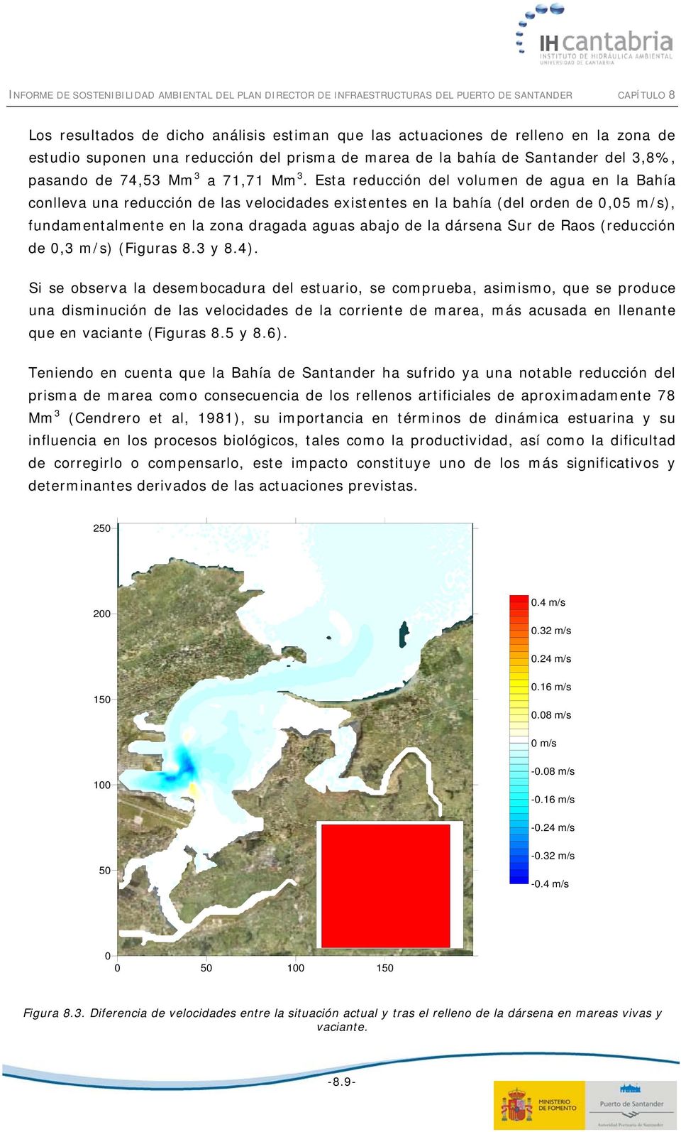 Esta reducción del volumen de agua en la Bahía conlleva una reducción de las velocidades existentes en la bahía (del orden de 0,05 m/s), fundamentalmente en la zona dragada aguas abajo de la dársena