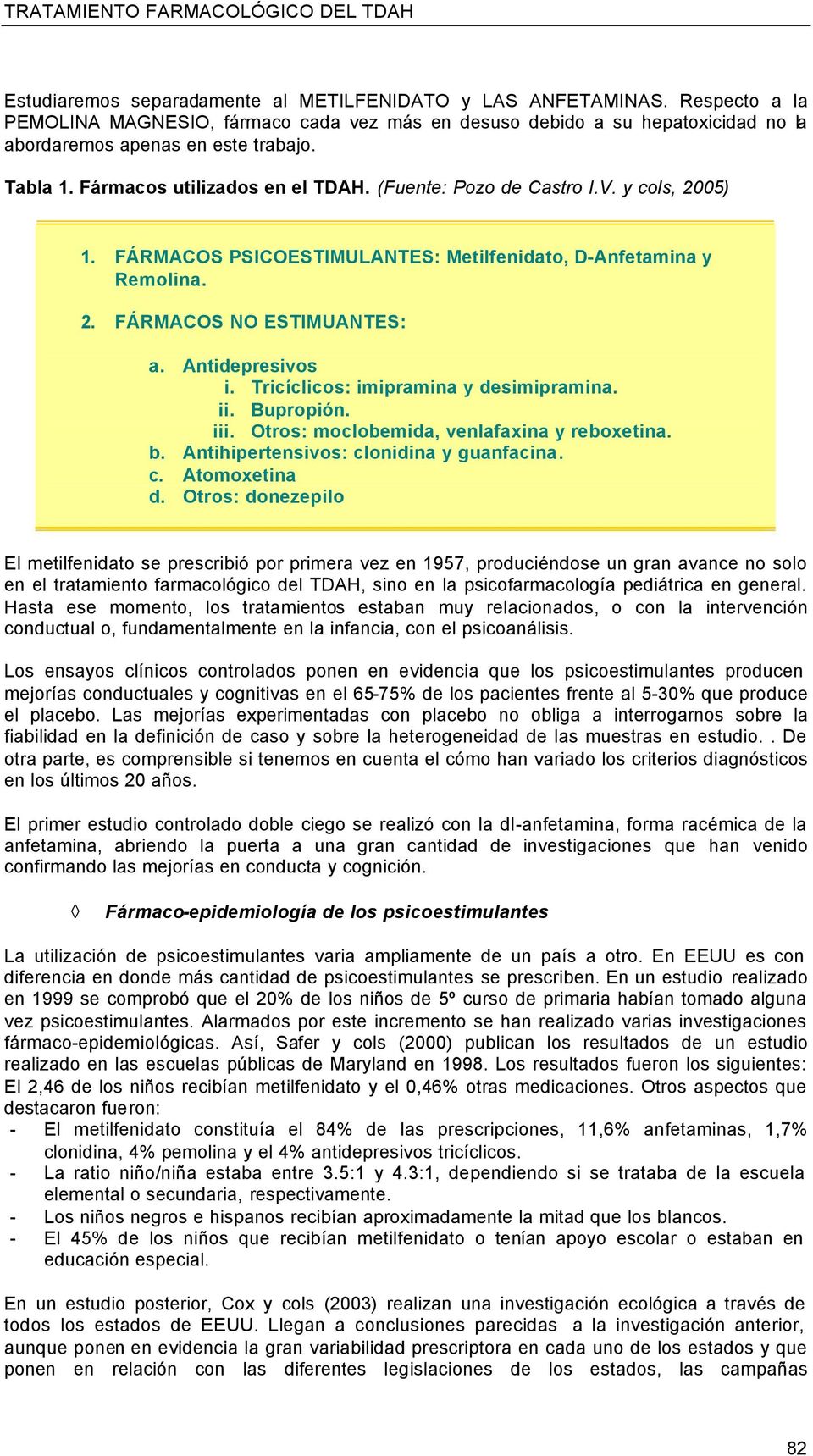 V. y cols, 2005) 1. FÁRMACOS PSICOESTIMULANTES: Metilfenidato, D-Anfetamina y Remolina. 2. FÁRMACOS NO ESTIMUANTES: a. Antidepresivos i. Tricíclicos: imipramina y desimipramina. ii. Bupropión. iii.