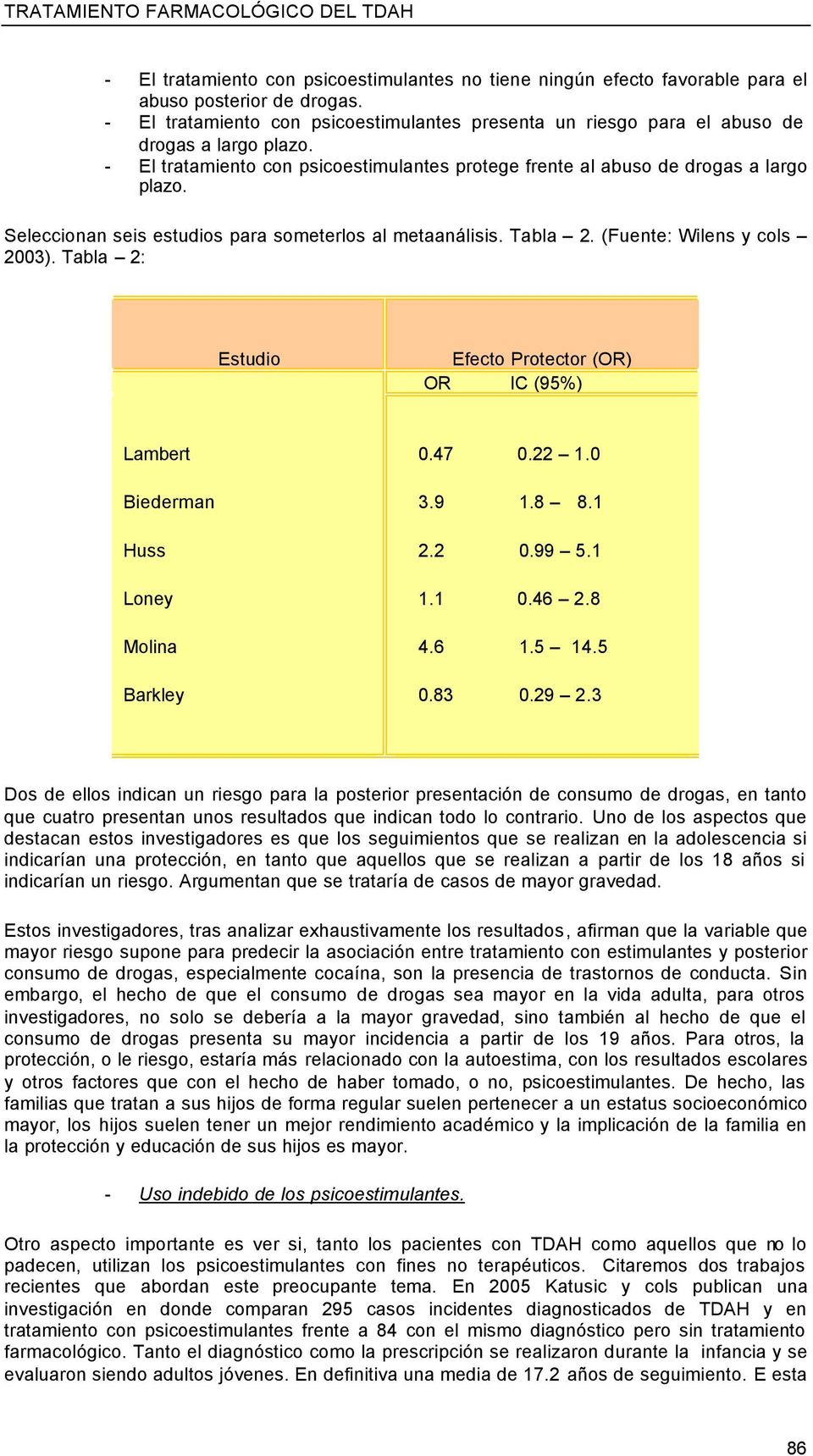 Seleccionan seis estudios para someterlos al metaanálisis. Tabla 2. (Fuente: Wilens y cols 2003). Tabla 2: Estudio Efecto Protector (OR) OR IC (95%) Lambert Biederman Huss Loney Molina Barkley 0.47 0.