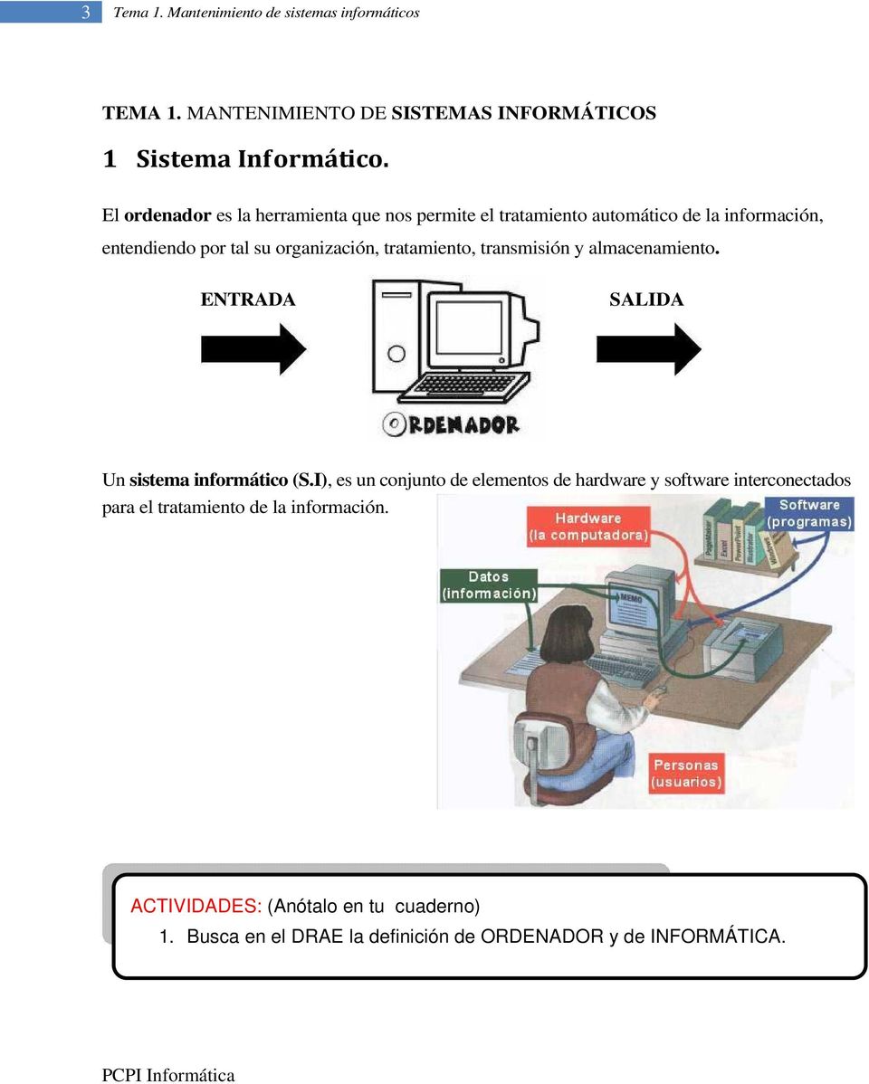 tratamiento, transmisión y almacenamiento. ENTRADA SALIDA Un sistema informático (S.