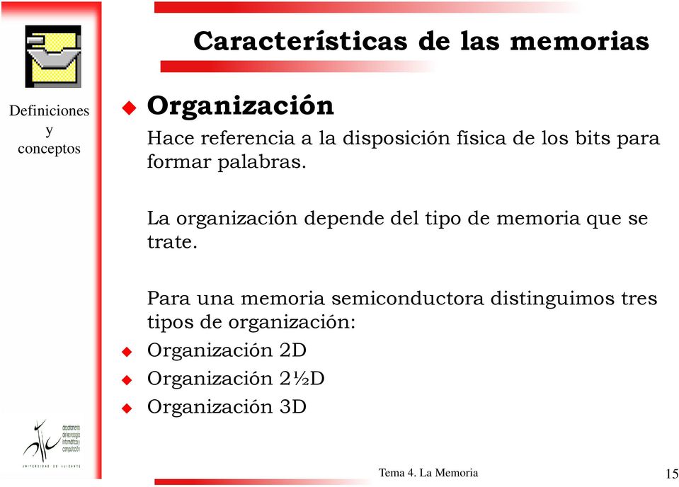 La organización depende del tipo de memoria que se trate.