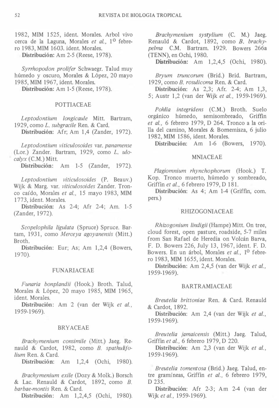 Bartram, 1929, como L. subgracile Ren. & Cardo Distribución: Afr; Am 1,4 (lander, 1972). Leptodontium viticulosoides varo panamense (Lar.) lander. Bartram, 1929, como L. ulocalyx (C.M.) Mitt.