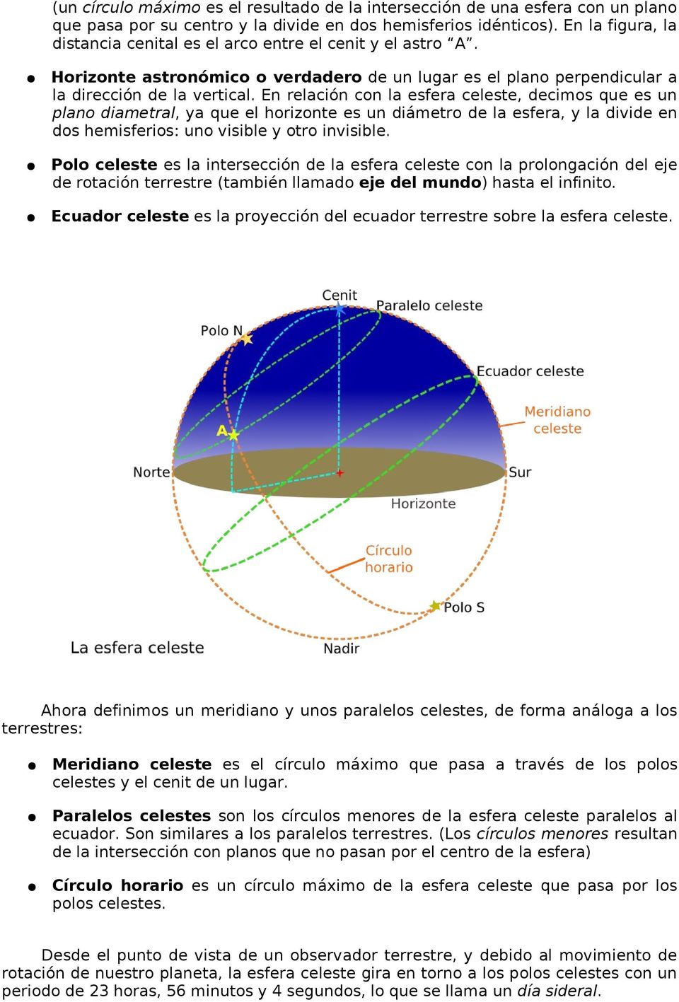 En relación con la esfera celeste, decimos que es un plano diametral, ya que el horizonte es un diámetro de la esfera, y la divide en dos hemisferios: uno visible y otro invisible.