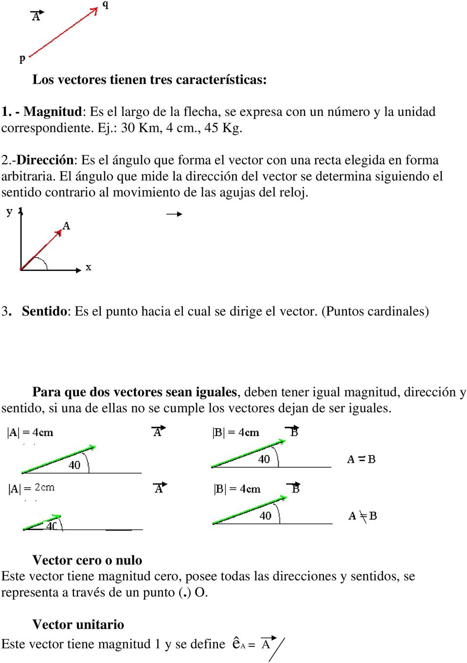 El ángulo que mide la dirección del vector se determina siguiendo el sentido contrario al movimiento de las agujas del reloj. 3. Sentido: Es el punto hacia el cual se dirige el vector.