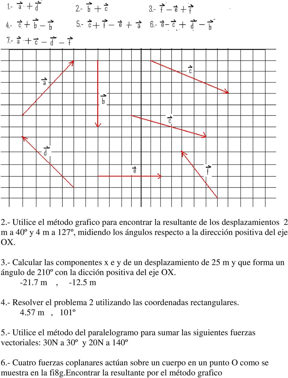 - Resolver el problema 2 utilizando las coordenadas rectangulares. 4.57 m, 101º 5.