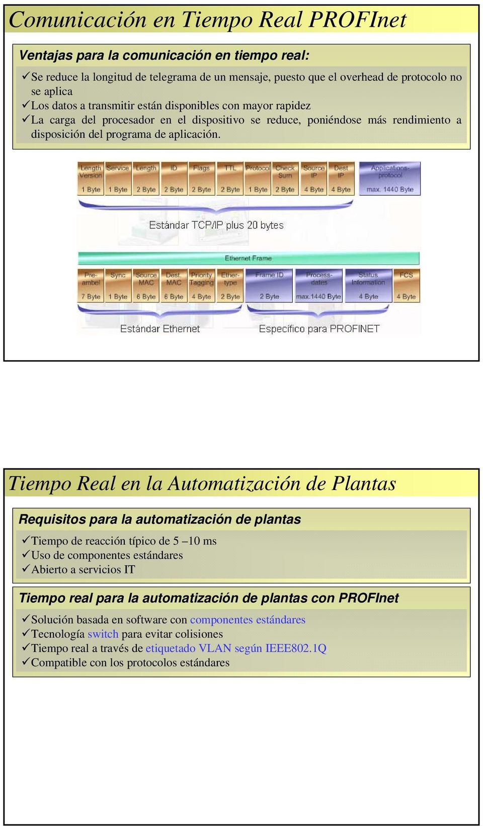 Tiempo Real en la Automatización de Plantas Requisitos para la automatización de plantas Tiempo de reacción típico de 5 10 ms Uso de componentes estándares Abierto a servicios IT Tiempo real para la