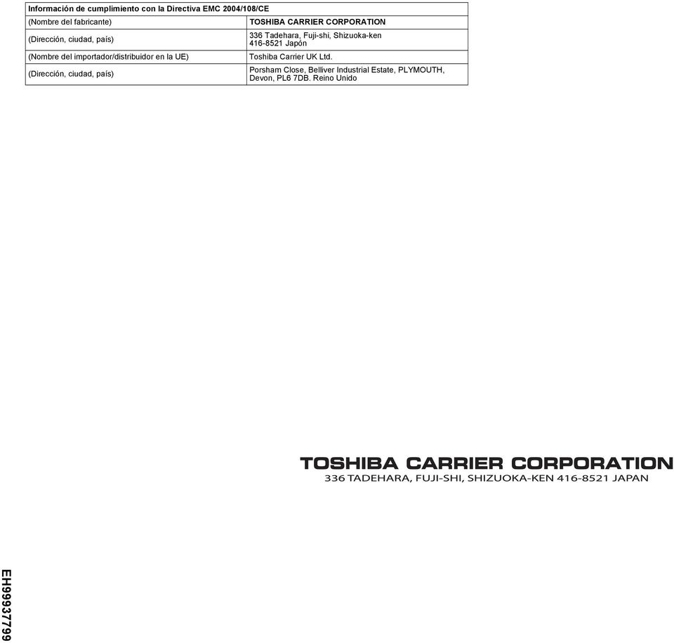 Japón (Nombre del importador/distribuidor en la UE) Toshiba Carrier UK Ltd.