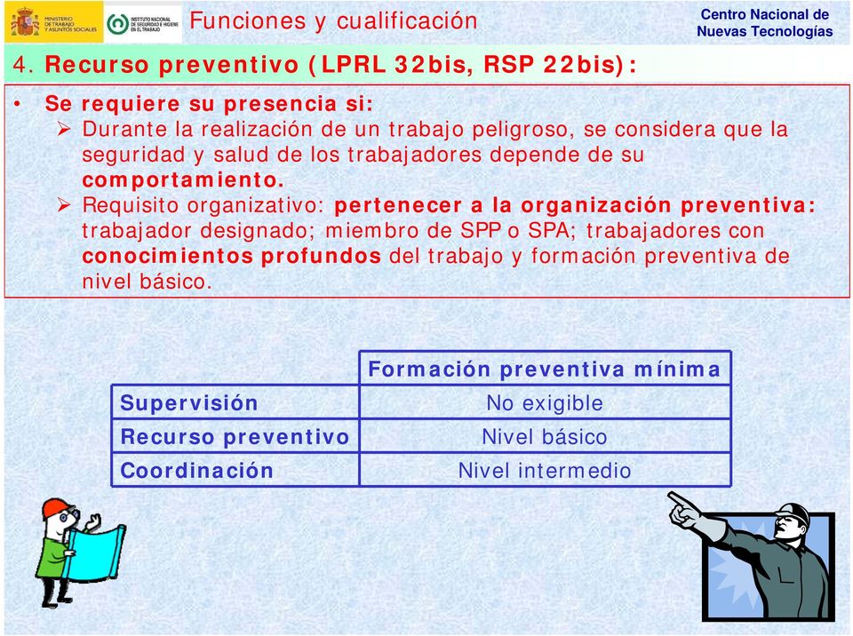 Requisito organizativo: pertenecer a la organización preventiva: trabajador designado; miembro de SPP o SPA; trabajadores con