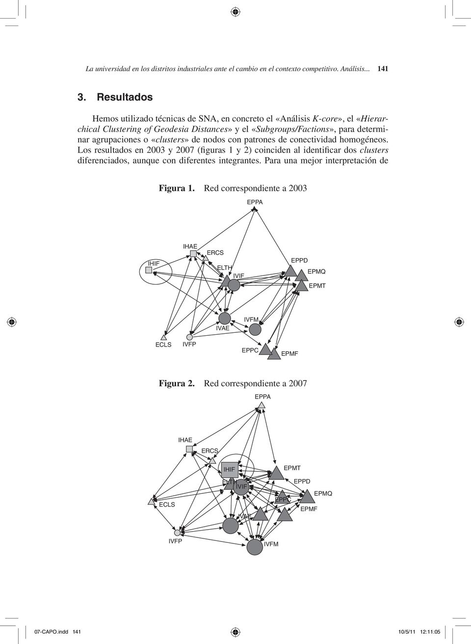 «clusters» de nodos con patrones de conectividad homogéneos. Los resultados en 2003 y 2007 (figuras 1 y 2) coinciden al identificar dos clusters diferenciados, aunque con diferentes integrantes.