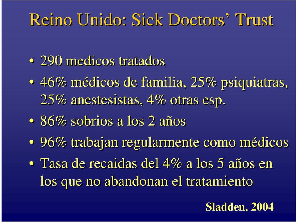 86% sobrios a los 2 años 96% trabajan regularmente como médicos Tasa