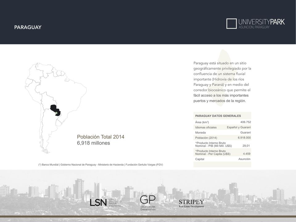 752 Área (km 2) Idiomas oﬁciales Español y Guaraní Moneda Población Total 2014 6,918 millones Población (2014) 6.918.000 *Producto Interno Bruto Nominal - PIB (Mil Mill.