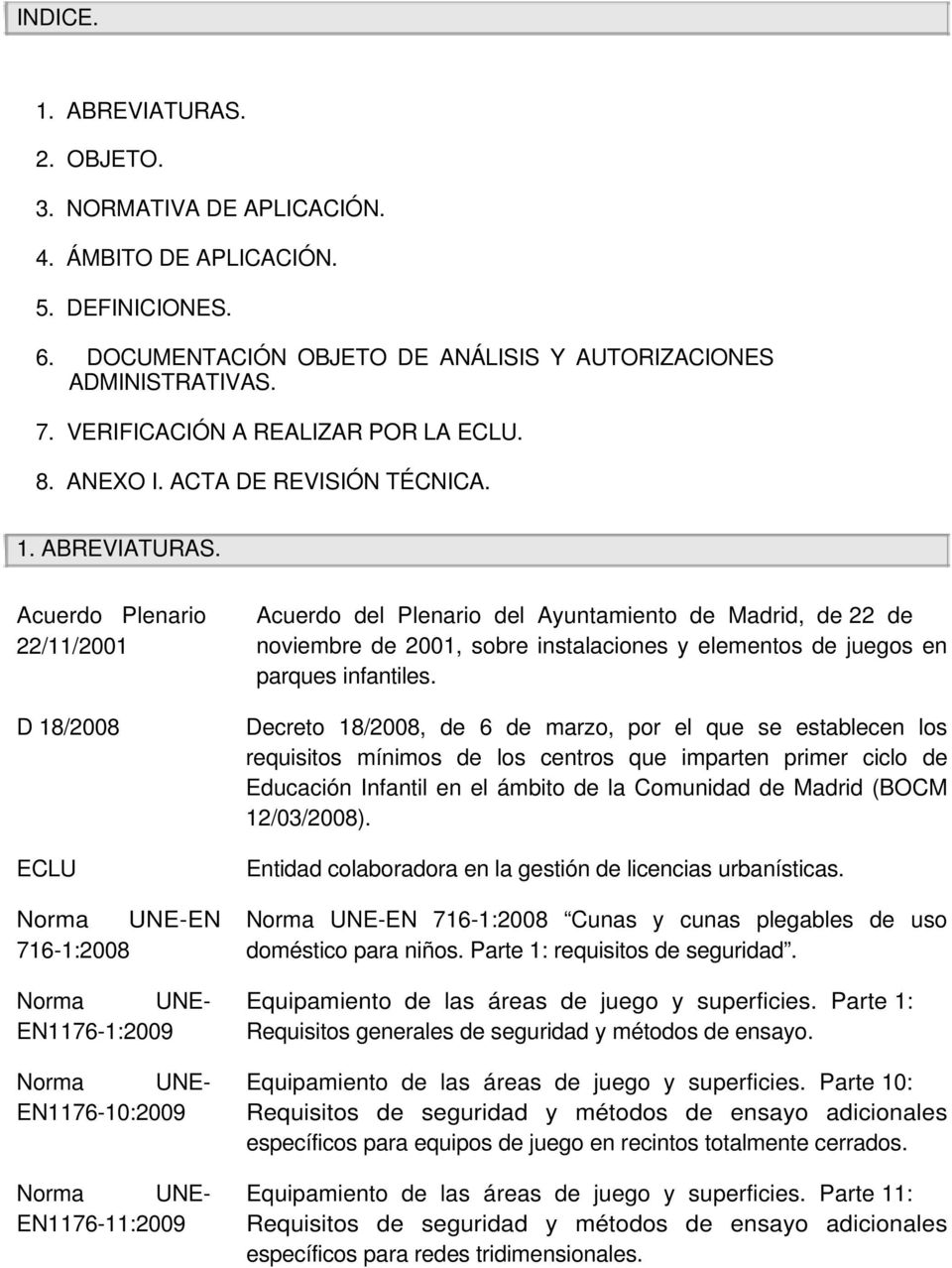 Acuerdo Plenario 22/11/2001 D 18/2008 ECLU Norma UNE-EN 716-1:2008 Norma UNE- EN1176-1:2009 Norma UNE- EN1176-10:2009 Norma UNE- EN1176-11:2009 Acuerdo del Plenario del Ayuntamiento de Madrid, de 22