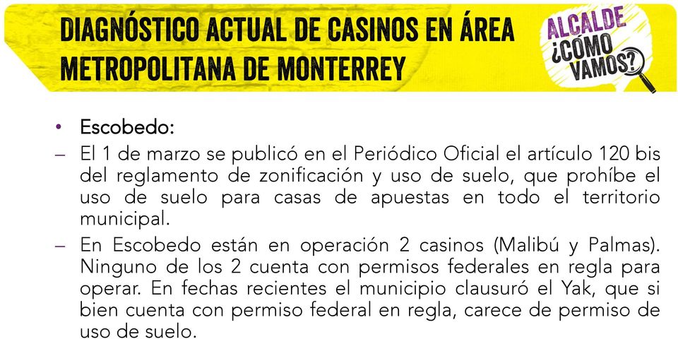 territorio municipal. En Escobedo están en operación 2 casinos (Malibú y Palmas).