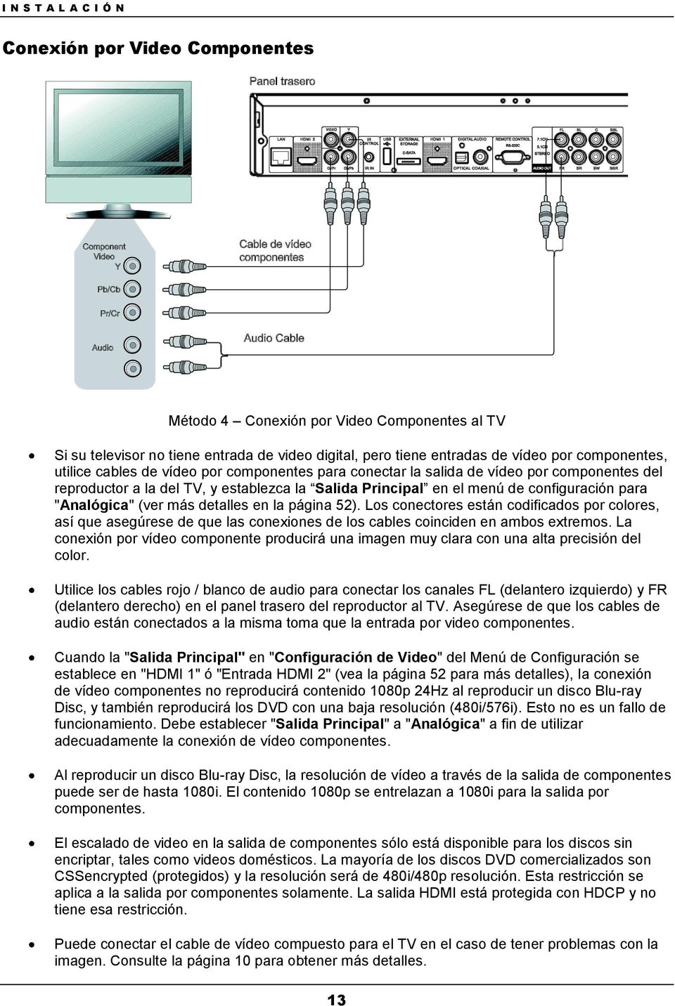 (ver más detalles en la página 52). Los conectores están codificados por colores, así que asegúrese de que las conexiones de los cables coinciden en ambos extremos.