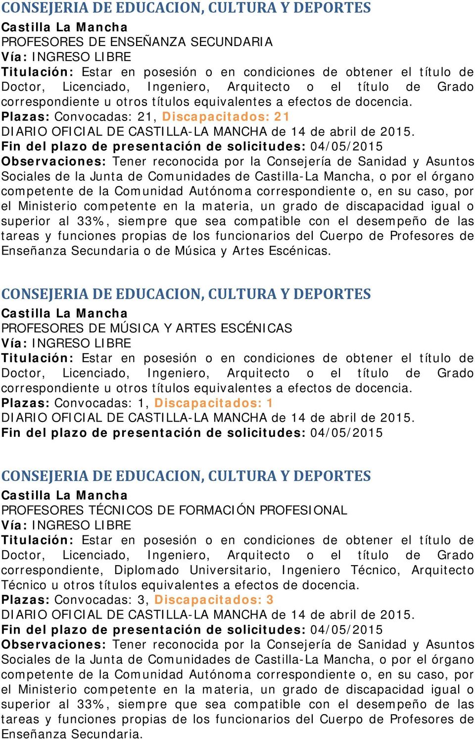 Plazas: Convocadas: 21, Discapacitados: 21 DIARIO OFICIAL DE CASTILLA-LA MANCHA de 14 de abril de 2015.