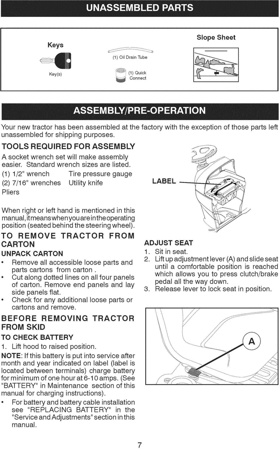 TOOLS REQUIRED FOR ASSEMBLY J A socket wrench set will make assembly easier. Standard wrench sizes are listed.