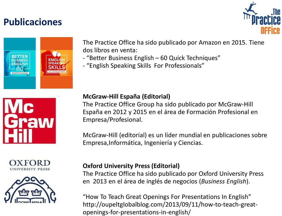 McGraw-Hill España en 2012 y 2015 en el área de Formación Profesional en Empresa/Profesional.
